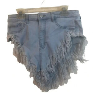 Light Blue Denim Shorts with Extreme Fraying High Waisted Festival‎ Rave
